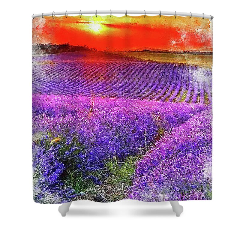 Lavender Shower Curtain featuring the painting Lavender fields - 11 by AM FineArtPrints