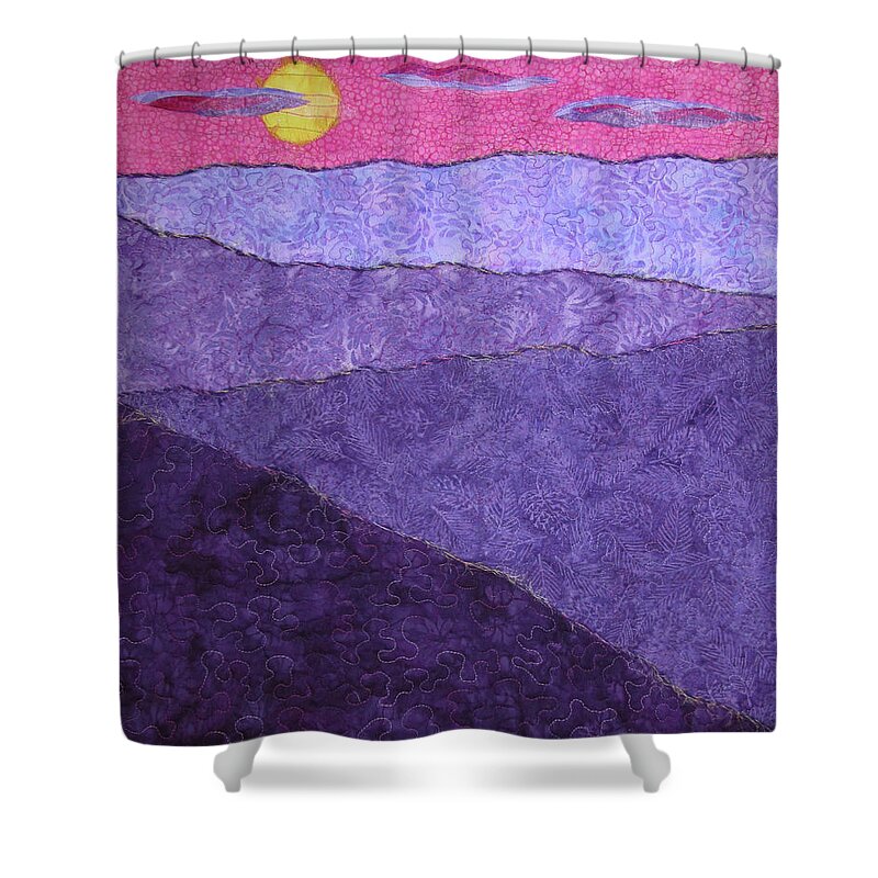 Art Quilt Shower Curtain featuring the tapestry - textile Lavender Mountains by Pam Geisel