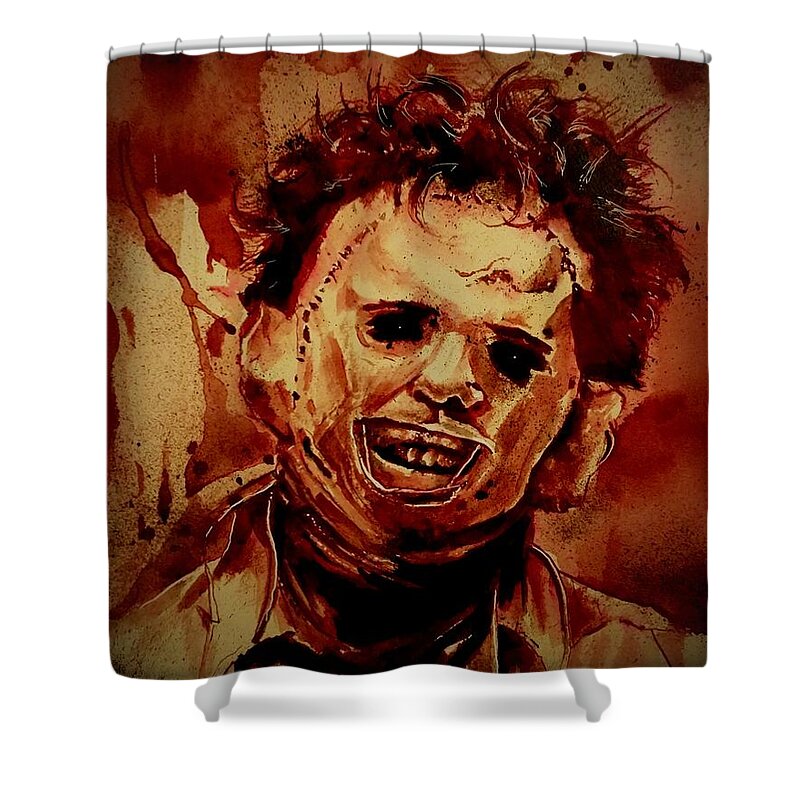 Ryanalmighty Shower Curtain featuring the painting LEATHERFACE fresh blood by Ryan Almighty