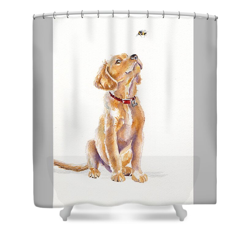 Labrador Shower Curtain featuring the painting Leave It, Charlie - Labrador Retriever Puppy by Debra Hall