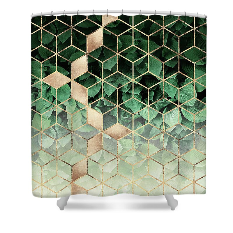 Graphic Shower Curtain featuring the digital art Leaves And Cubes by Elisabeth Fredriksson