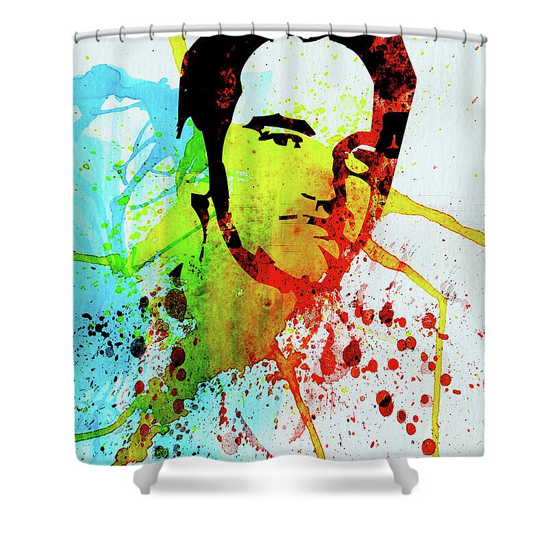 Quentin Tarantino Shower Curtain featuring the mixed media Legendary Quentin Watercolor I by Naxart Studio