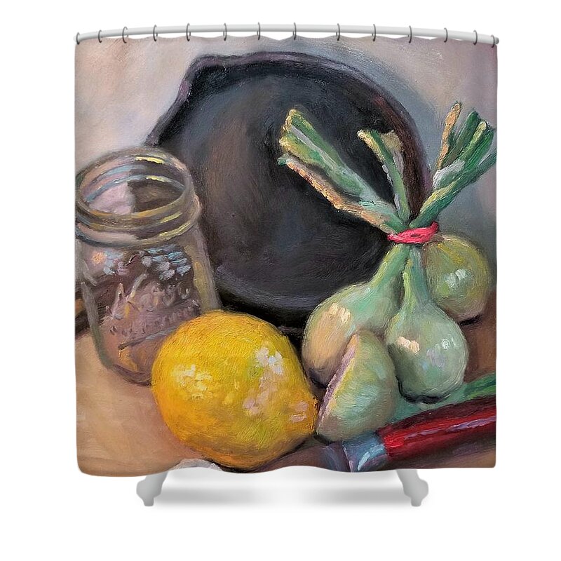 Oil Paintng Shower Curtain featuring the painting Lemon and onions by Jeff Dickson