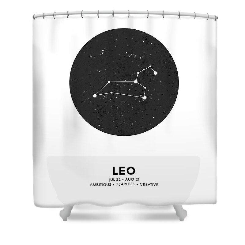 Leo Shower Curtain featuring the mixed media Leo Print - Zodiac Signs Print - Zodiac Posters - Leo Poster - Night Sky - Stars - Leo Traits by Studio Grafiikka