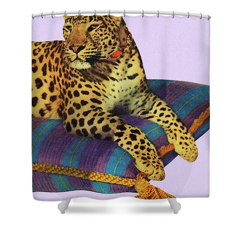 Animal Shower Curtain featuring the drawing Leopard Resting On Pillow by CSA Images