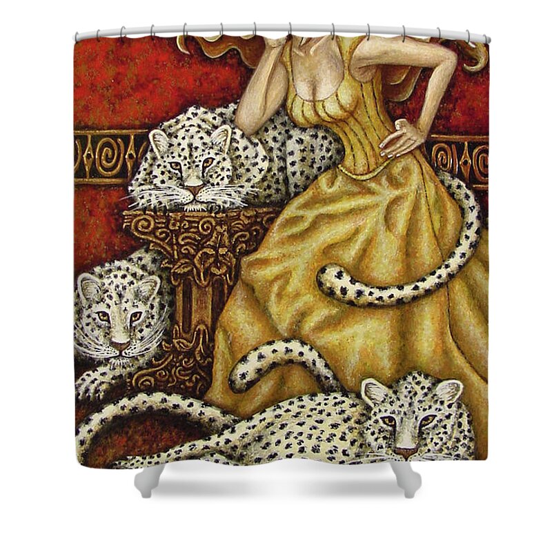 Cat Lady Shower Curtain featuring the painting Leopard's Lair by Amy E Fraser