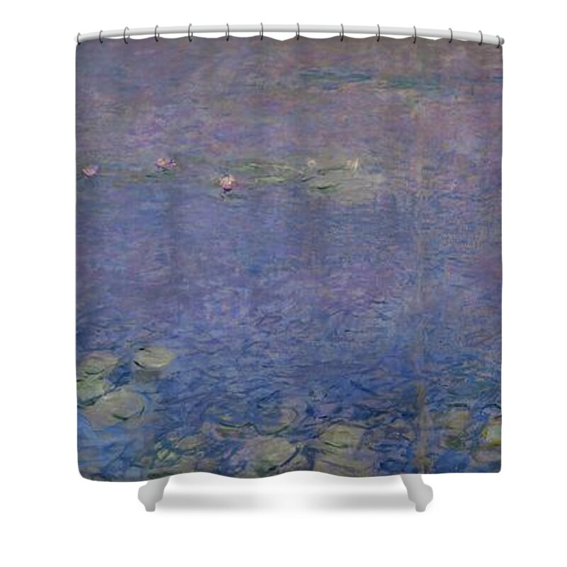Claude Monet Shower Curtain featuring the painting Les Nympheas. Oil on canvas. by Claude Monet -1840-1926-
