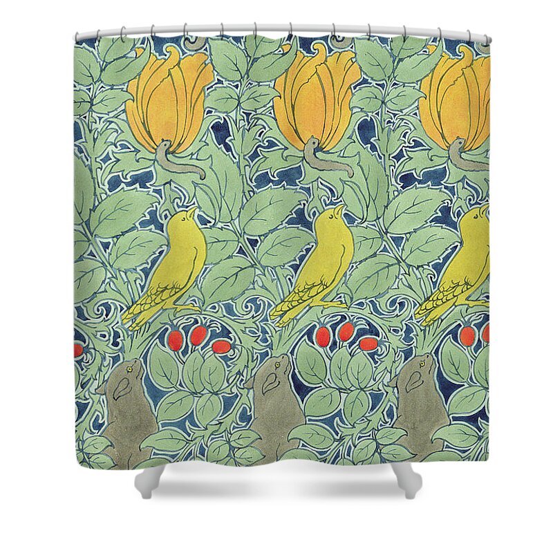 Tulip Shower Curtain featuring the painting Let us prey textile design by Charles Francis Annesley Voysey