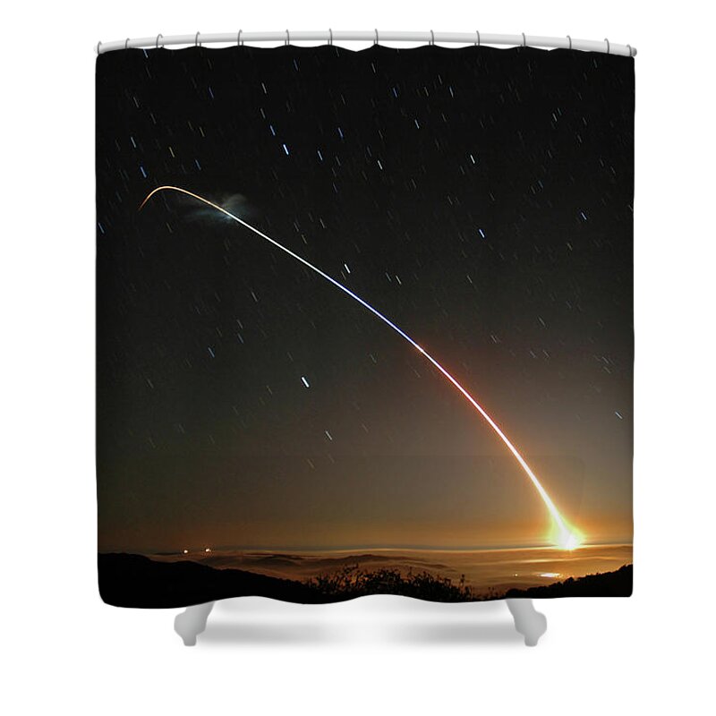 Rocket Shower Curtain featuring the photograph LGM-118A Peacekeeper missile launch July 21 2004 by Brian Lockett