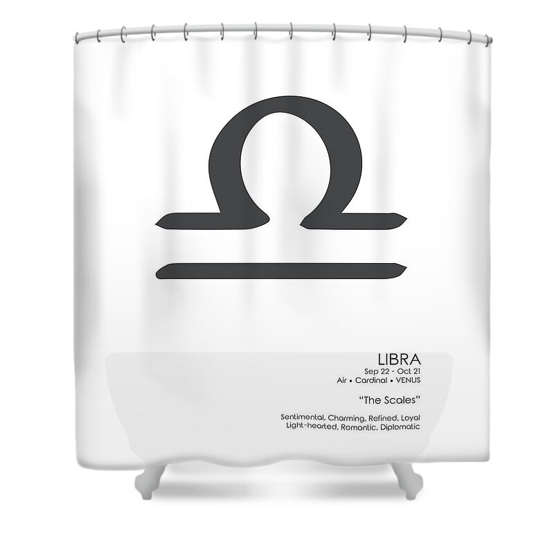 Libra Shower Curtain featuring the mixed media Libra Print - Zodiac Signs Print - Zodiac Posters - Libra Poster - Black and White - Libra Traits by Studio Grafiikka