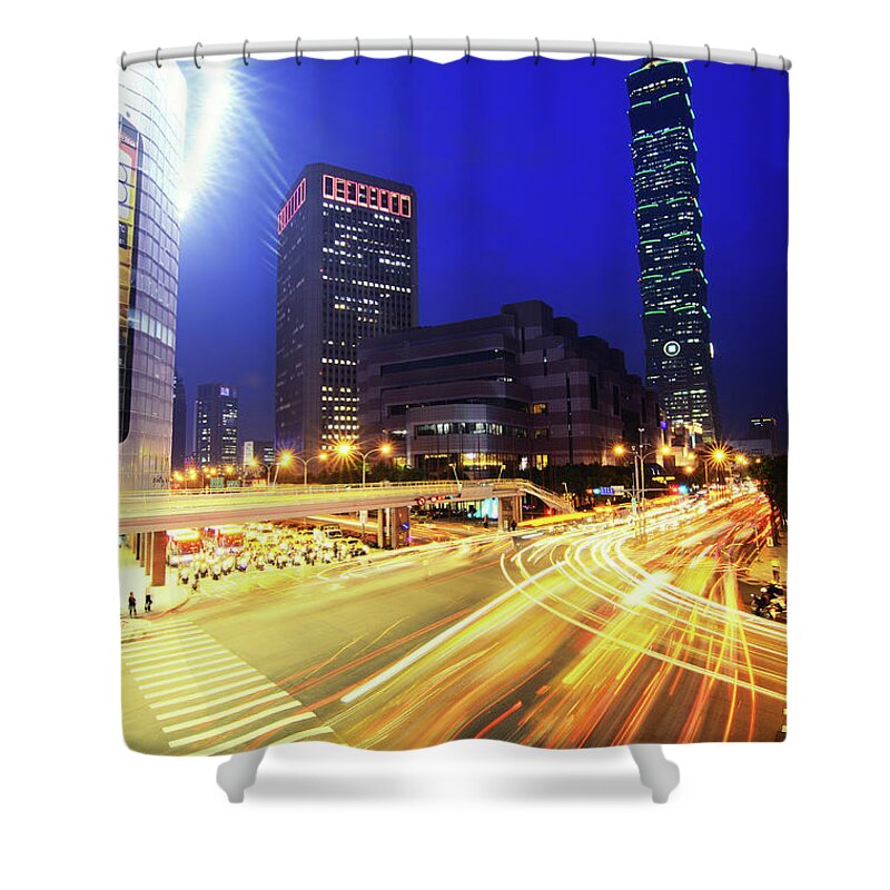 Elevated Walkway Shower Curtain featuring the photograph Light Trails And Taipei 101 by Joyoyo Chen