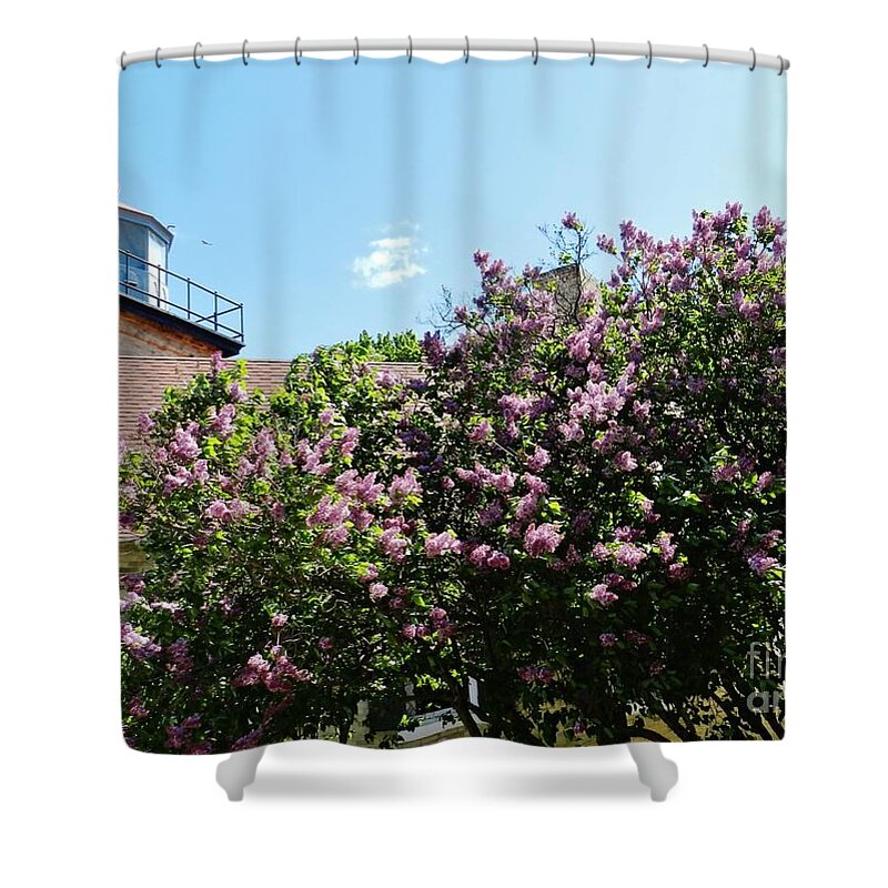 Agle Bluff Lighthouse Shower Curtain featuring the photograph Lighthouse Lilacs by Snapshot Studio