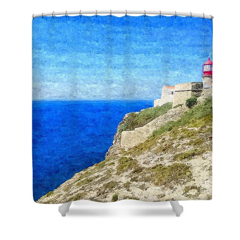 Art Shower Curtain featuring the photograph Lighthouse on top of a cliff overlooking the blue ocean on a sunny day, painted in oil on canvas. by Joaquin Corbalan
