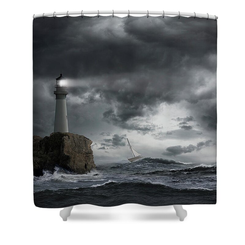 Risk Shower Curtain featuring the photograph Lighthouse Shining Over Stormy Ocean by John M Lund Photography Inc
