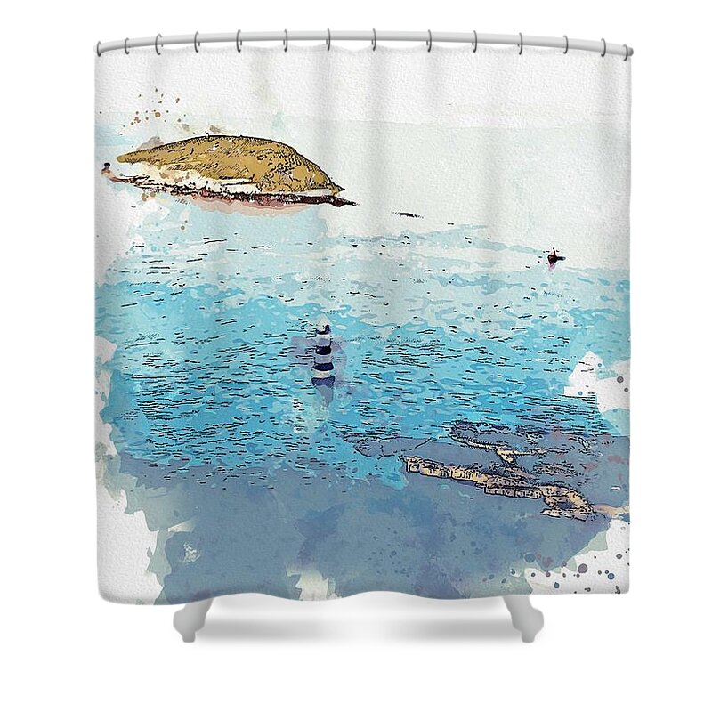 Lighthouse Shower Curtain featuring the painting Lighthouse, watercolor, c2019, by Adam Asar - 17 by Celestial Images