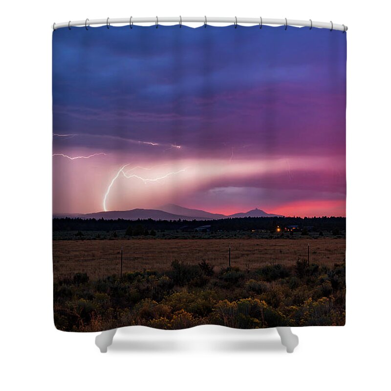 Lightning Shower Curtain featuring the photograph Lightning Sunset by Cat Connor