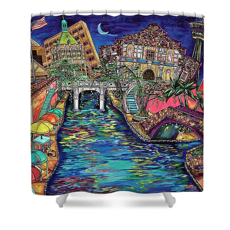 San Antonio Shower Curtain featuring the painting Lights on the Banks of the River by Patti Schermerhorn