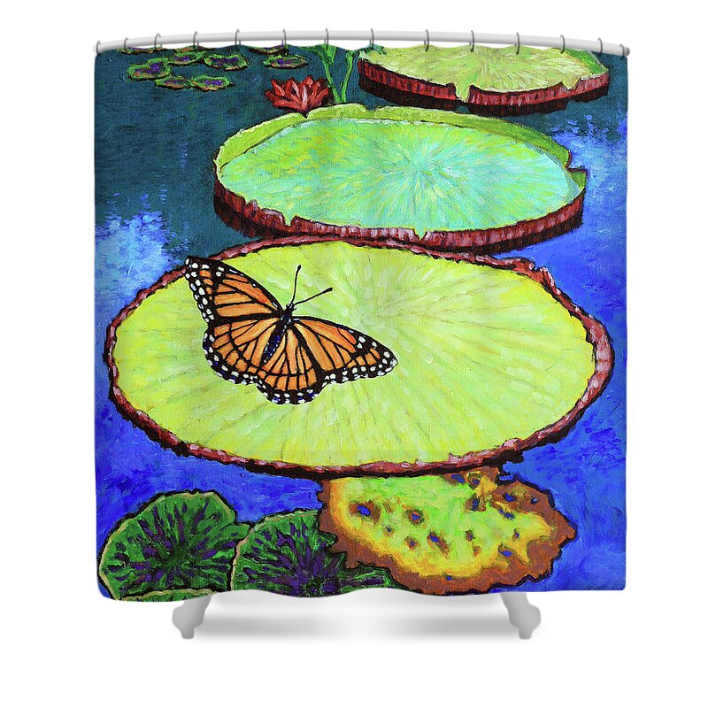 Butterfly Shower Curtain featuring the painting Lily Pads and Butterfly by John Lautermilch