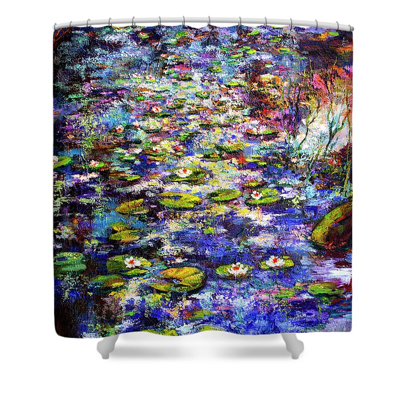 Lily Pond Shower Curtain featuring the painting Lily Pond impressions Oil Painting by Ginette Callaway