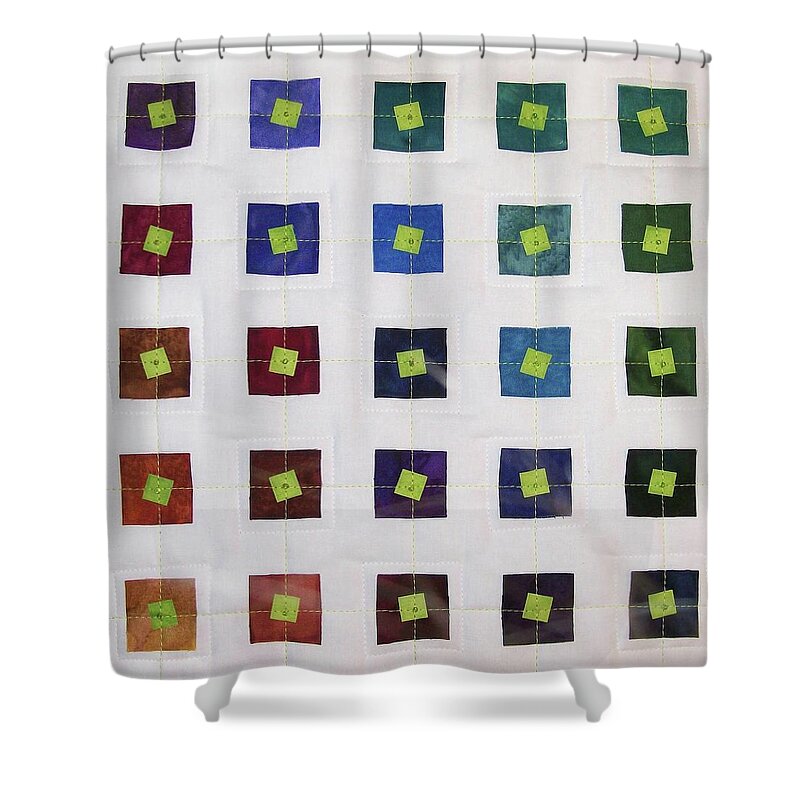Art Quilt Shower Curtain featuring the tapestry - textile Lime Squares by Pam Geisel