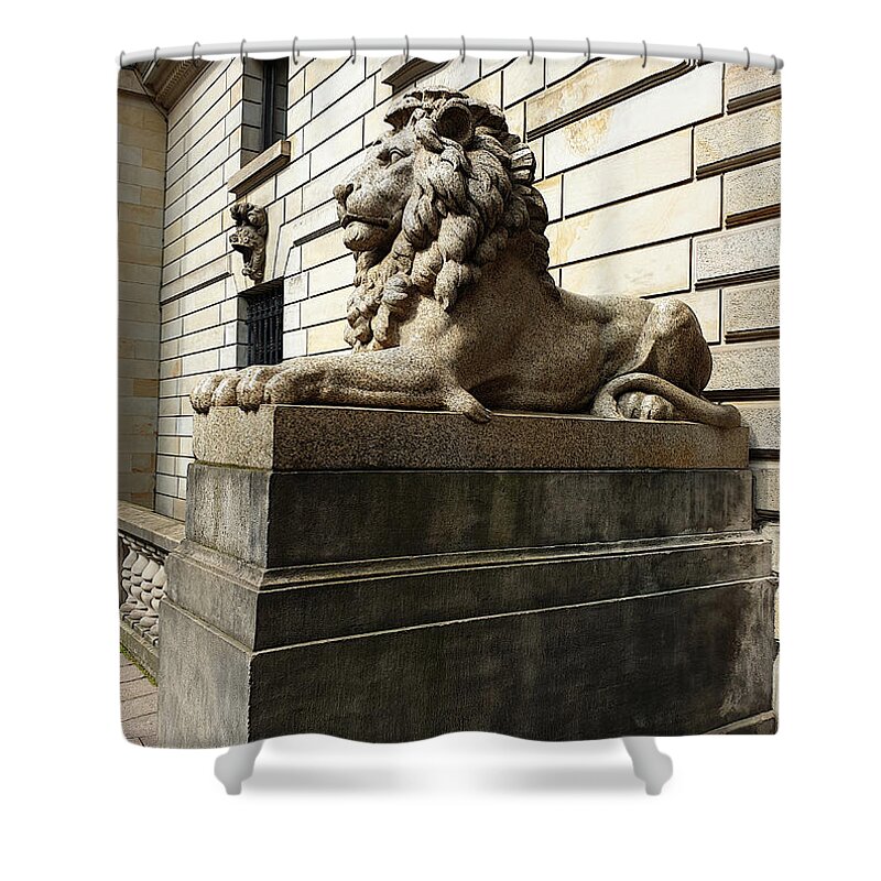 City Shower Curtain featuring the photograph Lion Sculpture - Rathaus Courtyard Entrance by Yvonne Johnstone