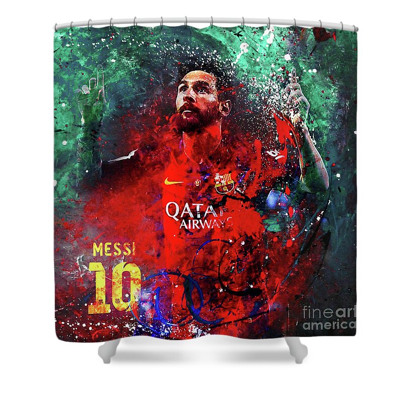 Messi Shower Curtain featuring the painting Lionel Messi in Barcelona Kit by Gull G