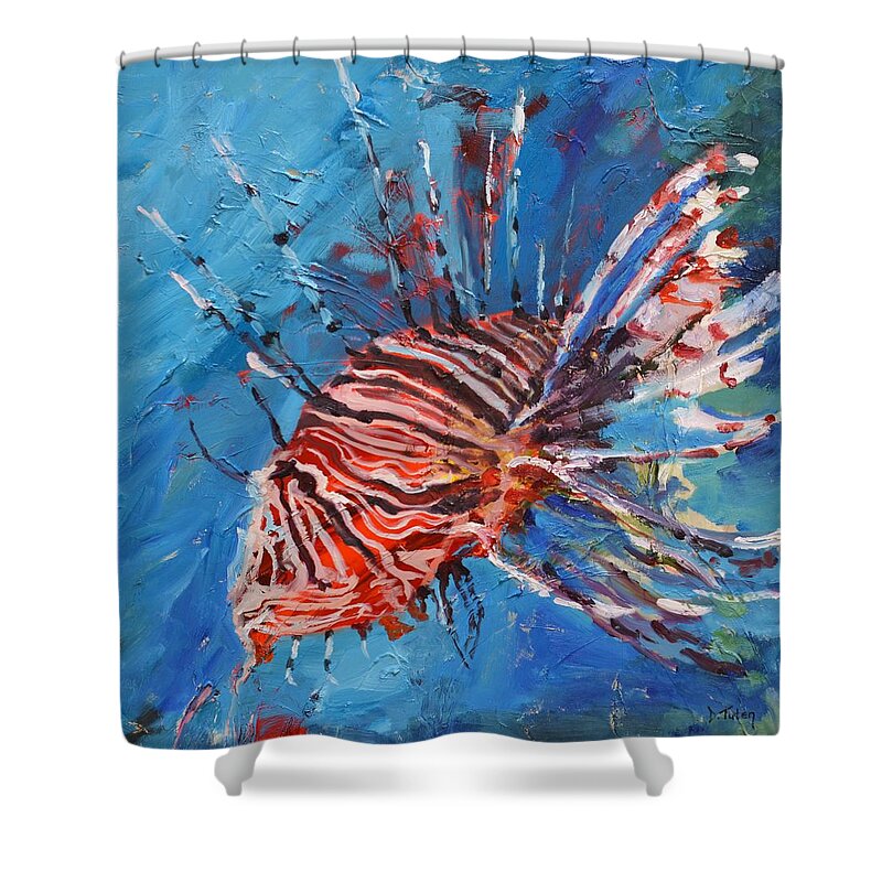 Pterois Shower Curtain featuring the painting Lionfish Painting by Donna Tuten