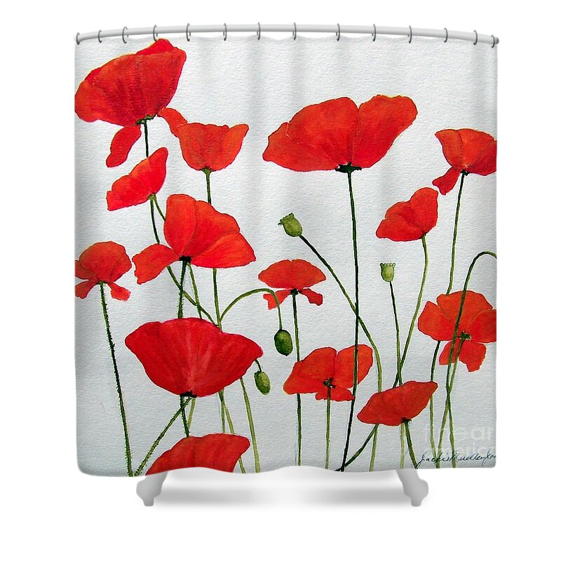 Red Shower Curtain featuring the painting Litter of Poppies by Jackie Mueller-Jones