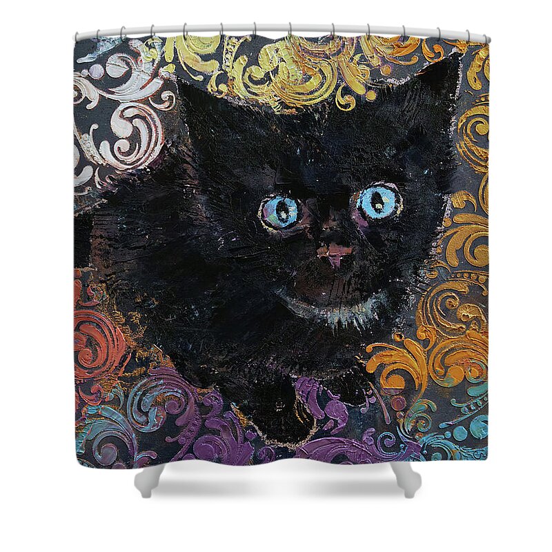 Halloween Shower Curtain featuring the painting Little Black Kitten by Michael Creese