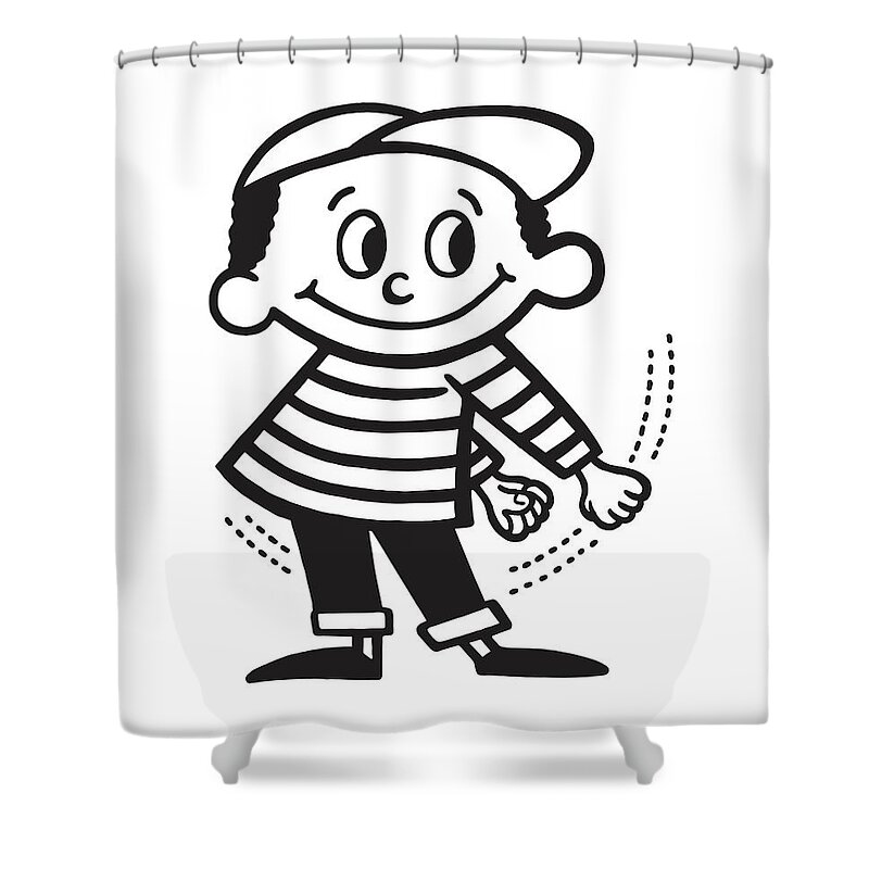 Accessories Shower Curtain featuring the drawing Little boy wearing baseball cap and striped top flossing by CSA Images