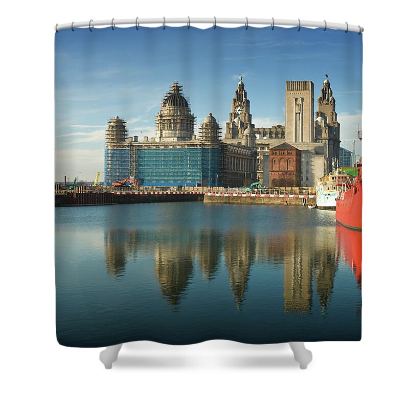 Clock Tower Shower Curtain featuring the photograph Liverpool Dock Reflection by Chrishepburn