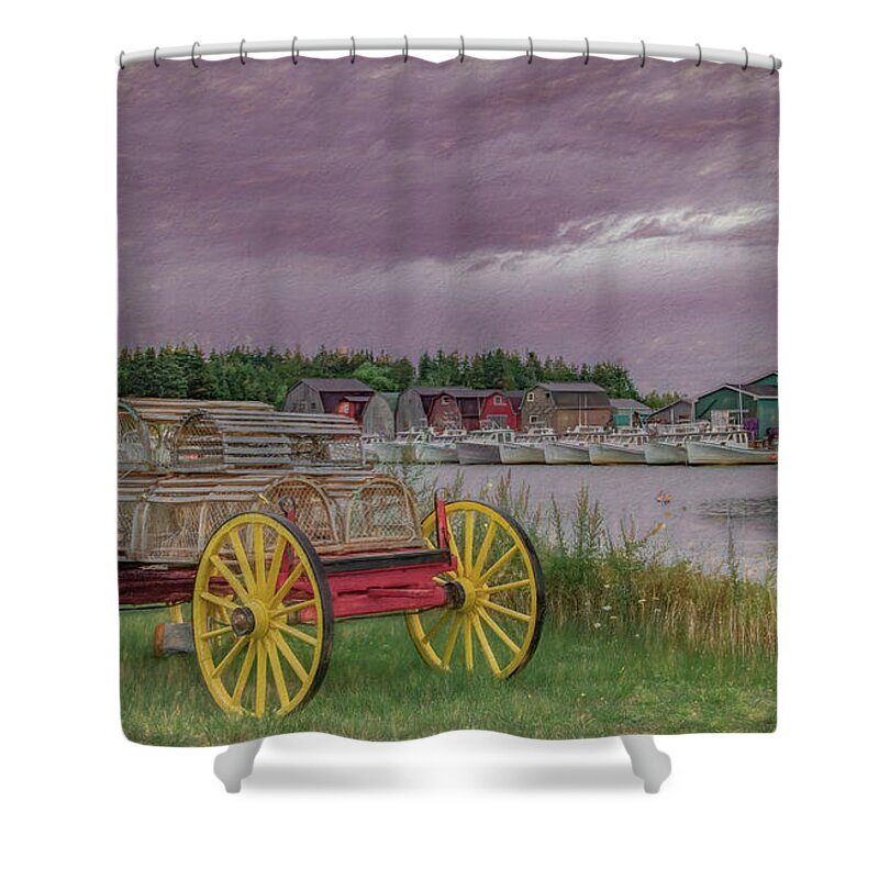Pei Shower Curtain featuring the photograph Lobster Crate Wagon of Malpeque by Marcy Wielfaert