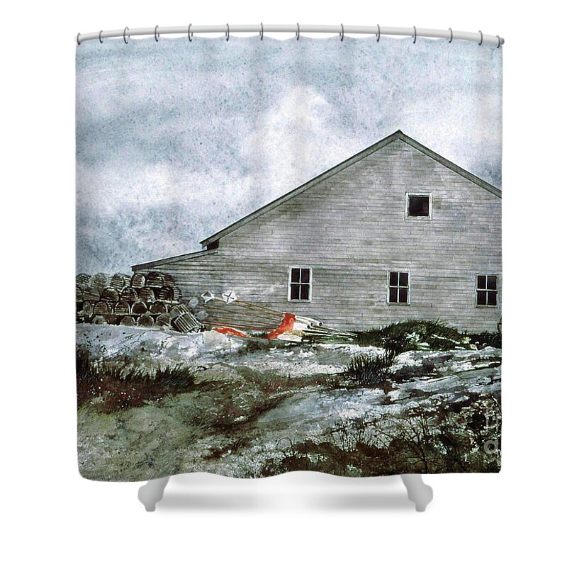 A Lobsterman's Building At Peggy's Cove Shower Curtain featuring the painting Lobsters by Monte Toon