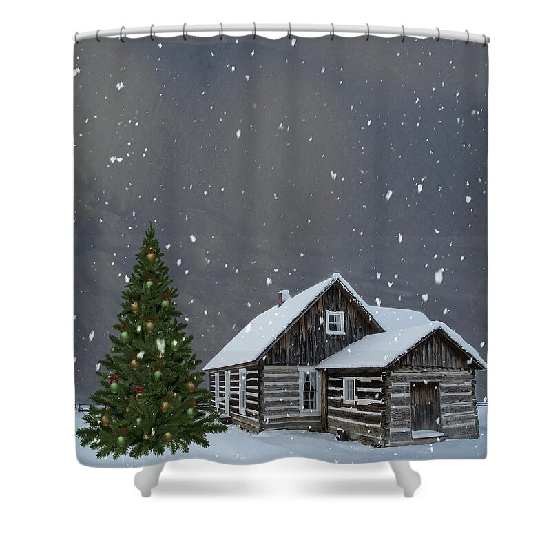 Winter Shower Curtain featuring the digital art Log Cabin Christmas by Marilyn Wilson