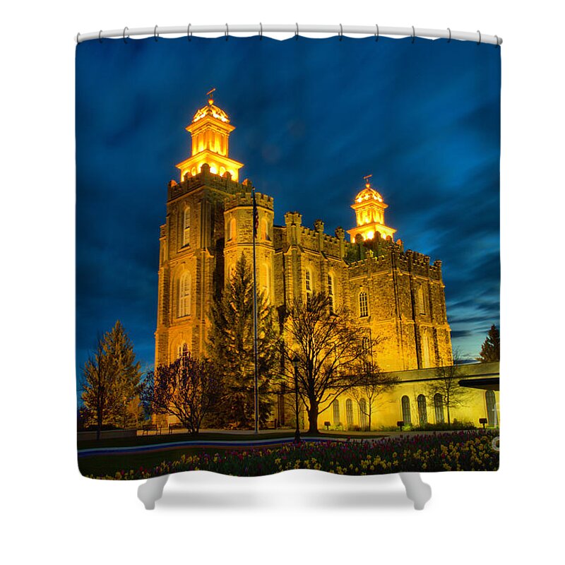 Logan Ut Shower Curtain featuring the photograph Logan Temple Glowing Under The Clouds by Adam Jewell
