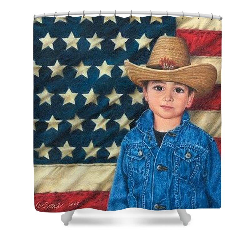 Native American Portraits. Cowboys. American Flag. Patriotic Portraits. Patriotic American Indians. Children. Cowboy Hats And Denim. Shower Curtain featuring the painting Logan by Valerie Evans