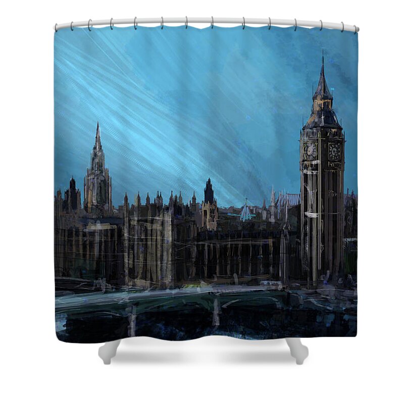 United Kingdom Shower Curtain featuring the digital art London landscape painting by Andrea Gatti