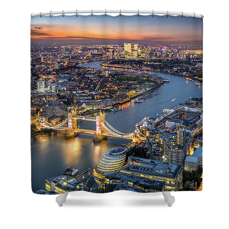 Downtown District Shower Curtain featuring the photograph London Skyline With Tower Bridge At by Tangman Photography