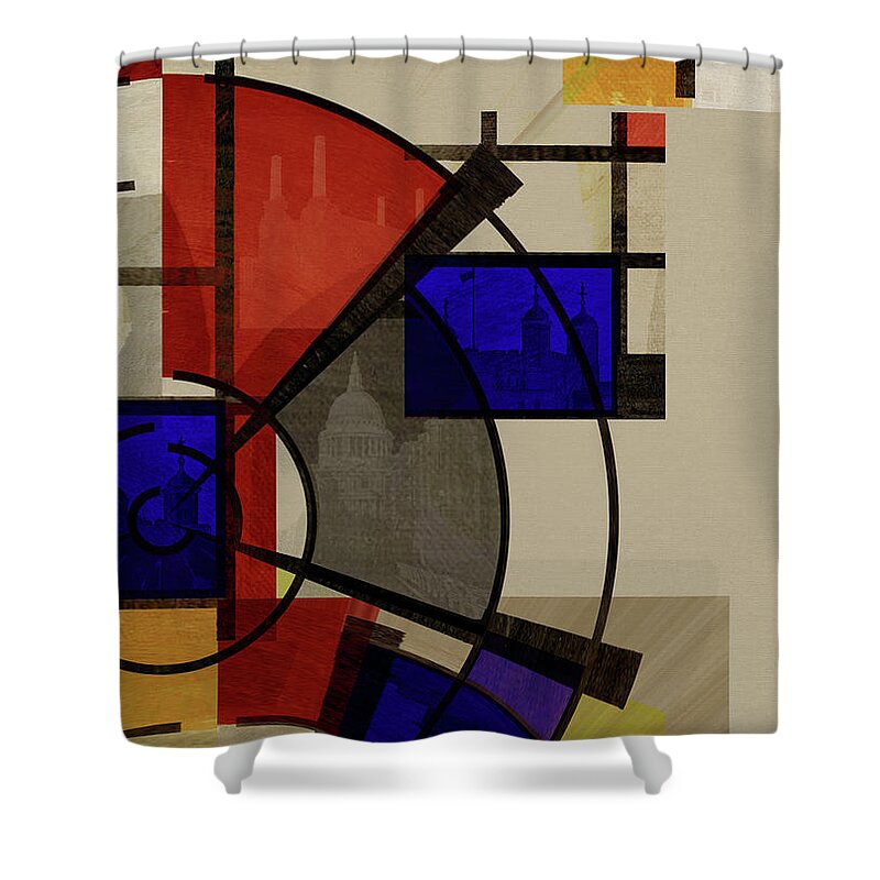 Geometric Shower Curtain featuring the mixed media London Squares FIVE ONE ONE by BFA Prints