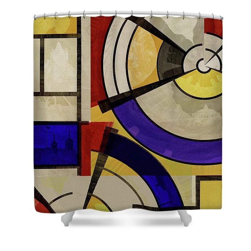 Geometric Shower Curtain featuring the mixed media London Squares ONE ONE TWO by BFA Prints