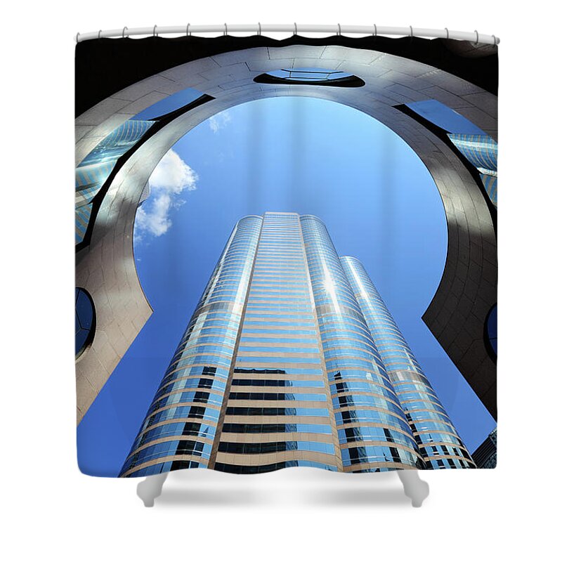 Corporate Business Shower Curtain featuring the photograph Looking Up At A Shiny Building At by Samxmeg