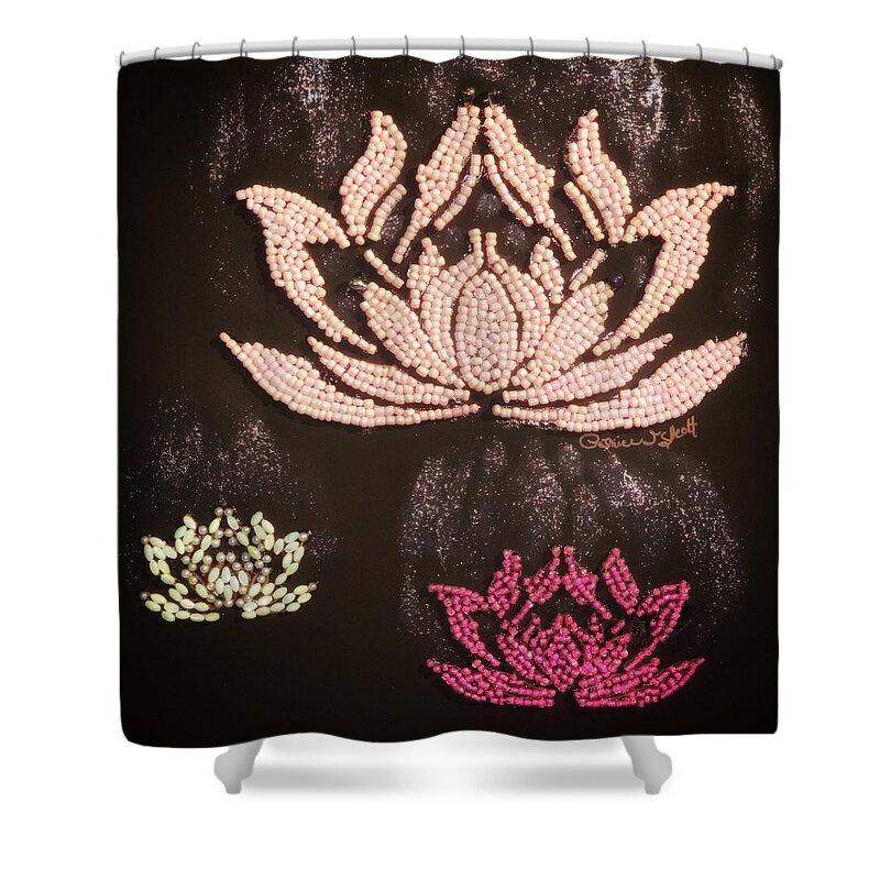 Lotus Shower Curtain featuring the mixed media Lotus Romance by Patrice Scott