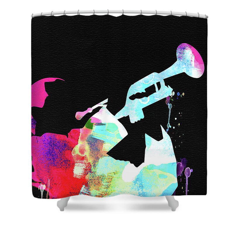 Louis Armstrong Shower Curtain featuring the mixed media Louis Armstrong Watercolor by Naxart Studio