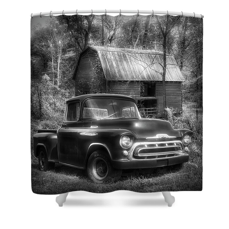 1957 Shower Curtain featuring the photograph Love that Black and White 1957 Chevy Truck by Debra and Dave Vanderlaan