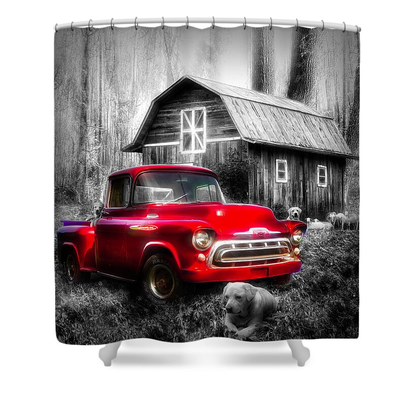 1957 Shower Curtain featuring the photograph Love that Red Truck at Springtime Black and White in Square by Debra and Dave Vanderlaan