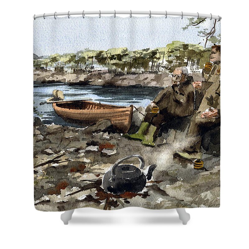 Trout Fishing Shower Curtain featuring the painting Lunchtime on Lough Mask, Mayo. by Val Byrne