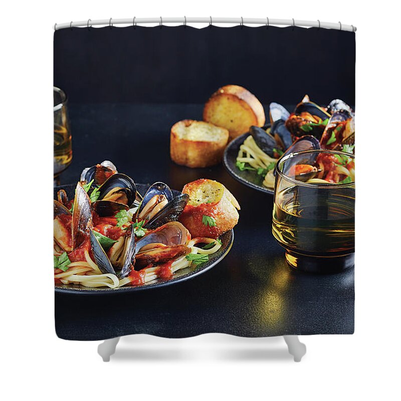 Italian Shower Curtain featuring the photograph Lunguine with mussels by Cuisine at Home