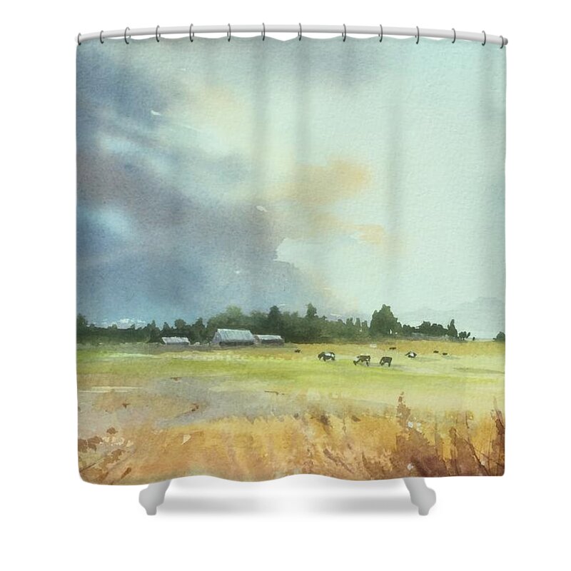 Lynden Shower Curtain featuring the painting Lynden Farm, WA by Watercolor Meditations