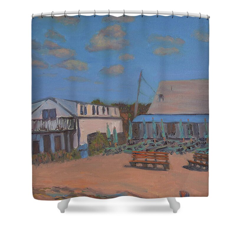 Wellfleet Shower Curtain featuring the painting Mac's Shack by Beth Riso