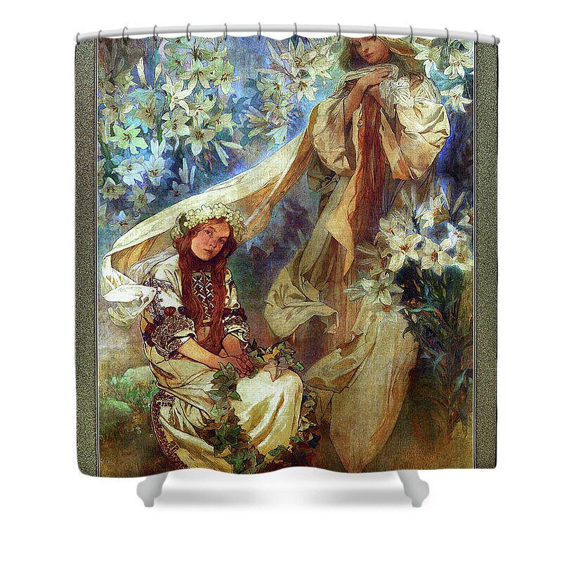 Madonna Of The Lilies Shower Curtain featuring the painting Madonna of the Lilies by Alphonse Mucha by Rolando Burbon